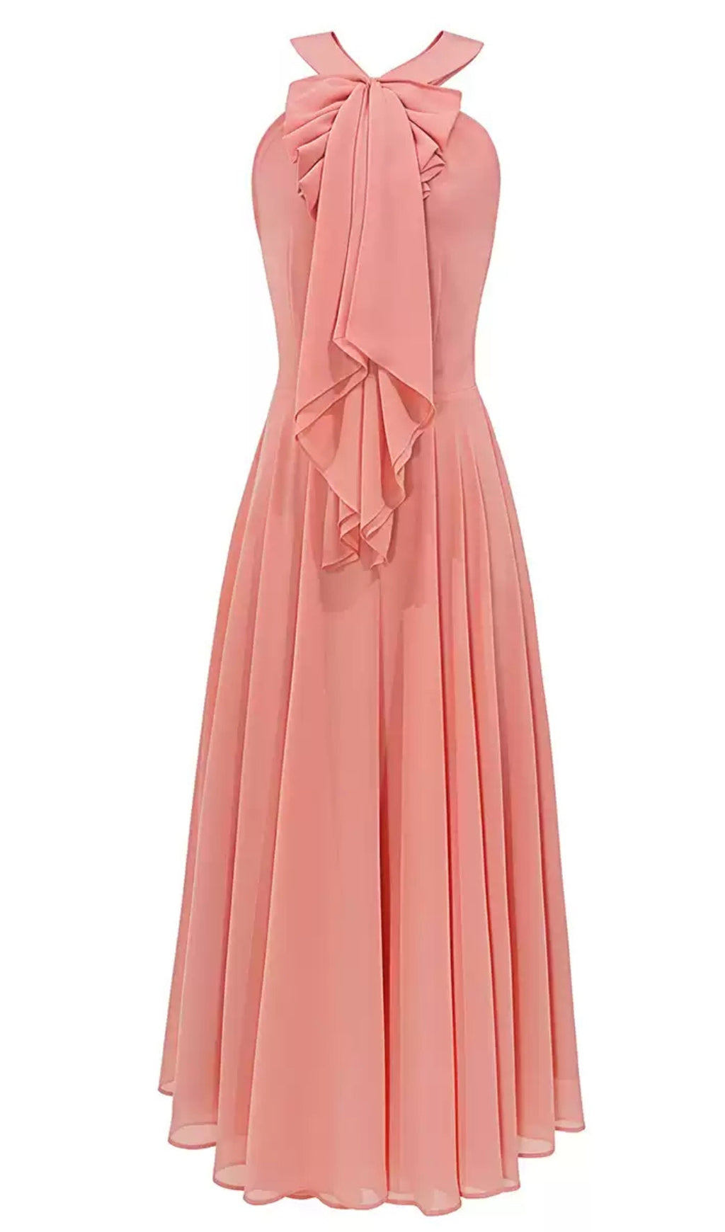 Rosa Chiffon-Midikleid mit Schleife am Ausschnitt