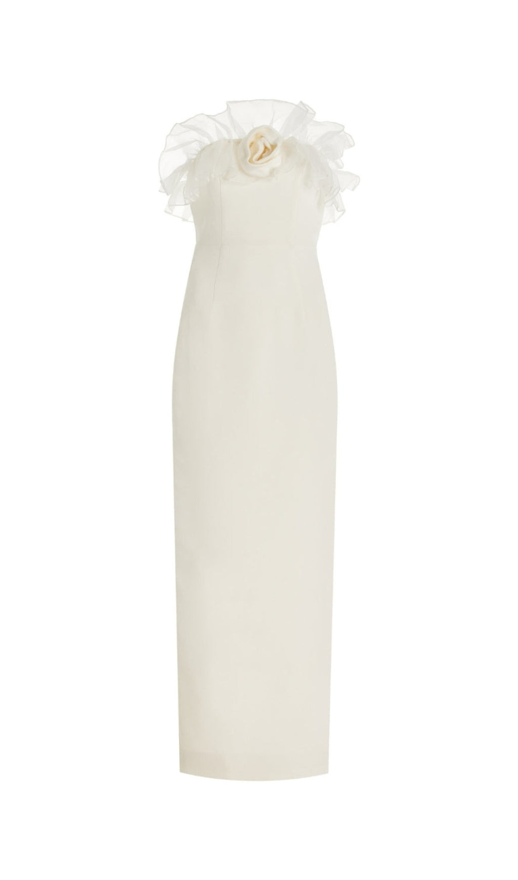 RUFFLED SILK STRAPLESS MIDI DRESS IN BEIGE