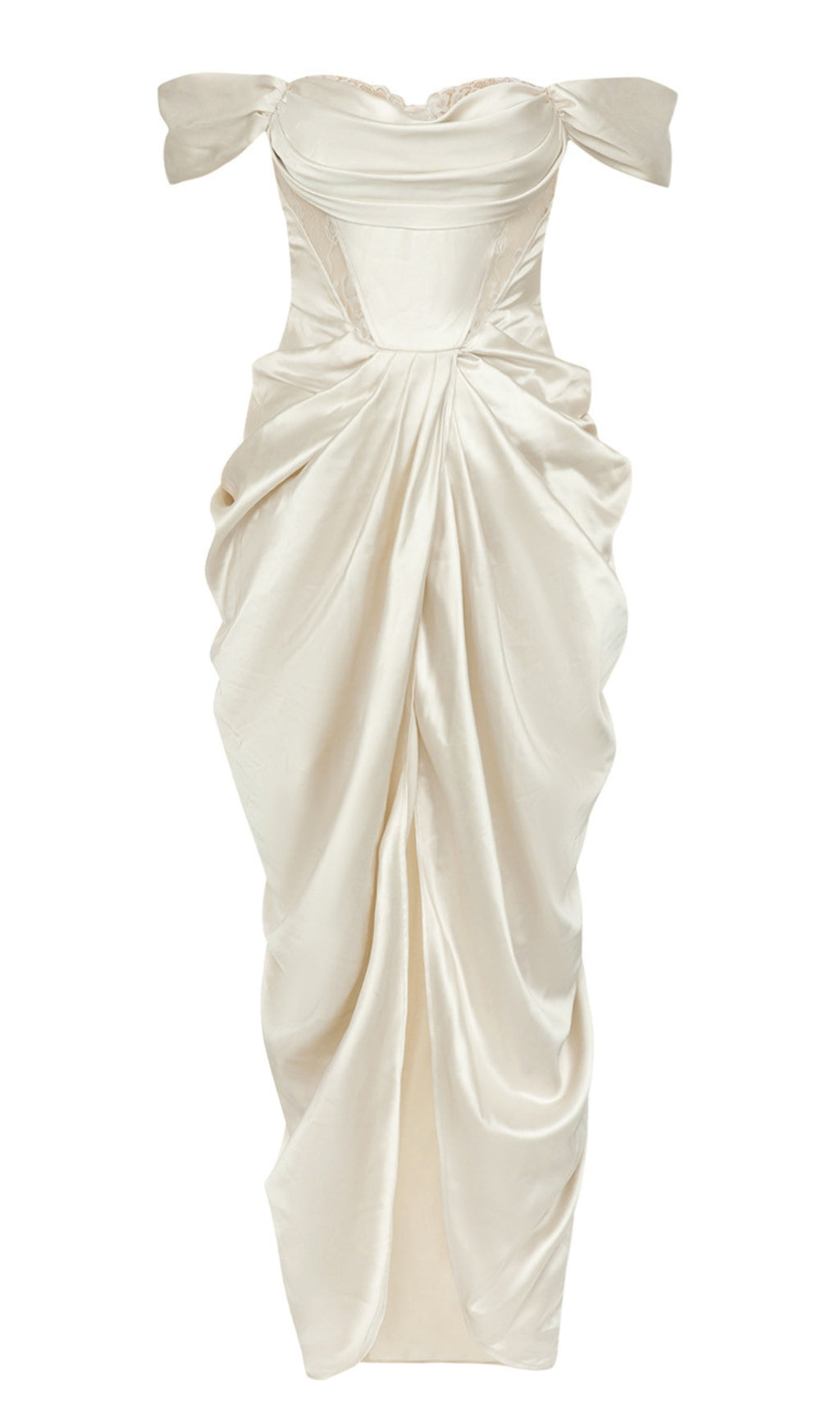 OFF - SHOULDER BOW - STRAP RUCHED SATIN MIDI DRESS IN IVORY