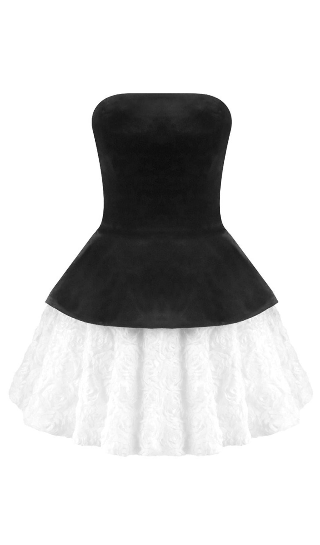 Trägerloses, zweifarbiges Minikleid mit Blumenmuster in Schwarz