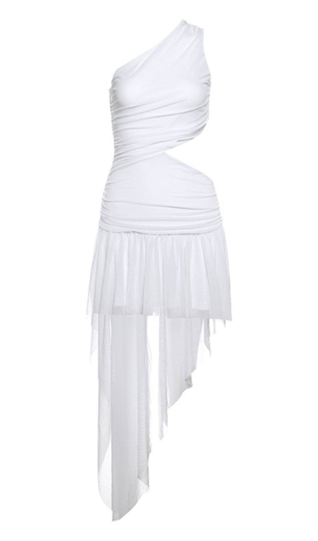 WHITE ONE - SHOULDER CUTOUT ASYMMETRIC MINI HOCO DRESS