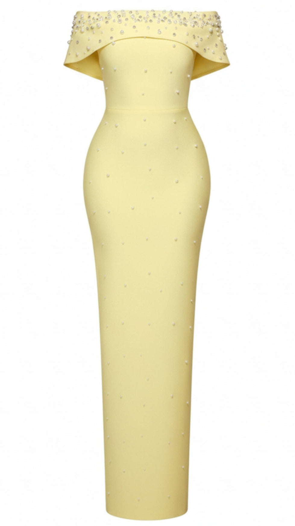 BELEN PEARL BEADED STRAPLESS MAXI BANDAGE DRESS IN YELLOW