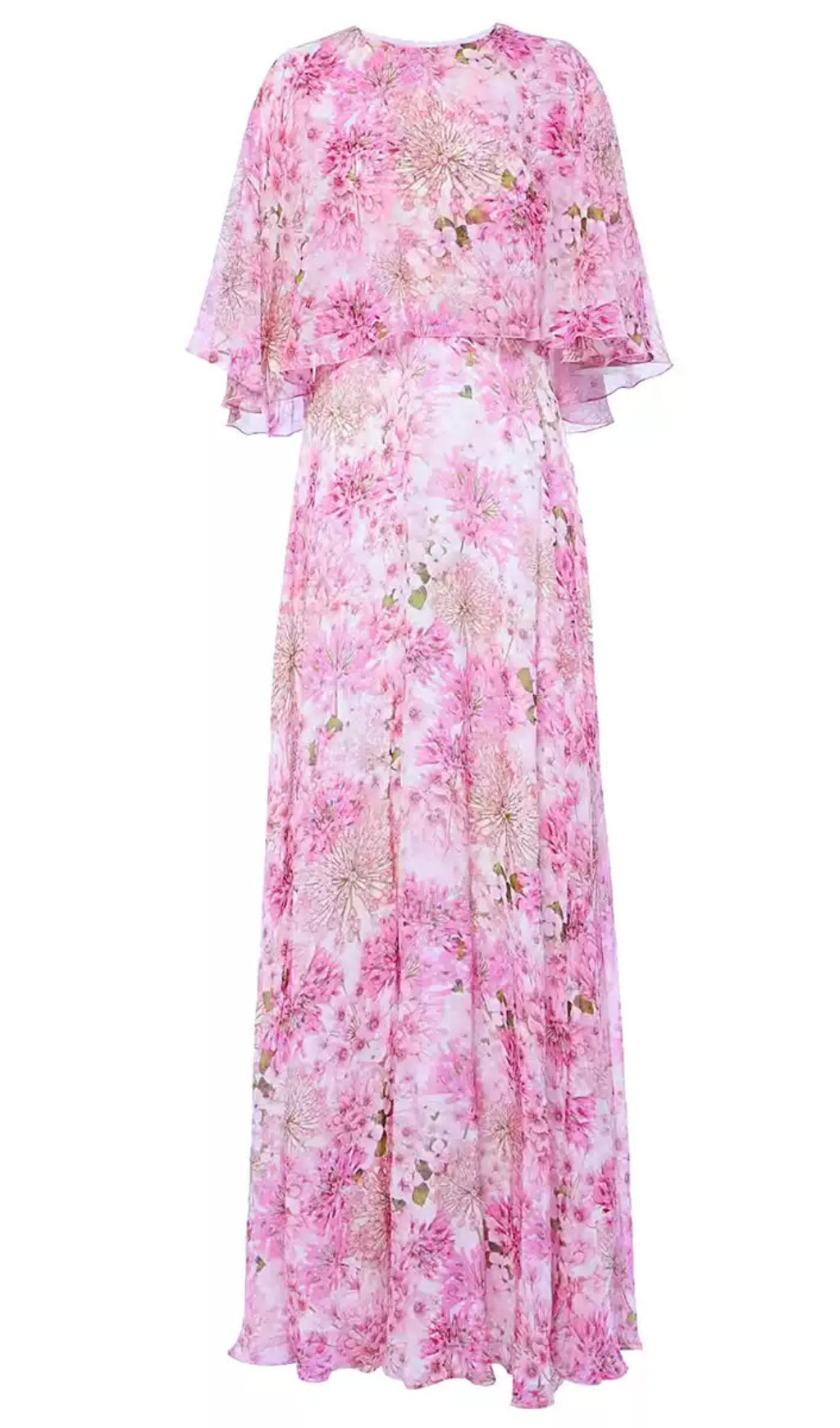 Rosa Chiffon-Maxikleid mit Capeärmeln und Blumenmuster