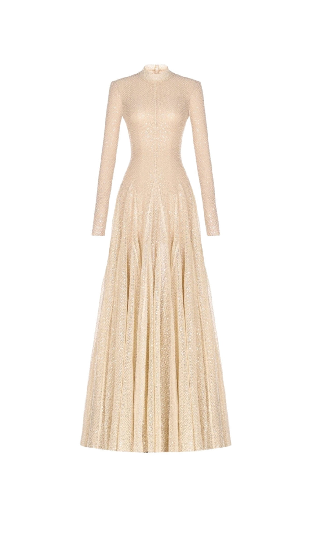 ANILA BEIGE MESH LONG SLEEVE SLIM MAXI DRESS