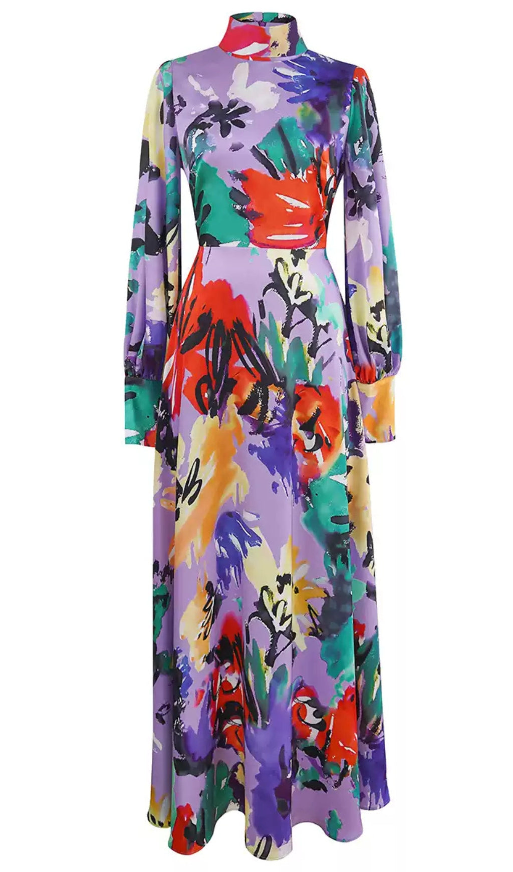 Lilafarbenes, bunt bedrucktes Maxikleid mit langen Ärmeln