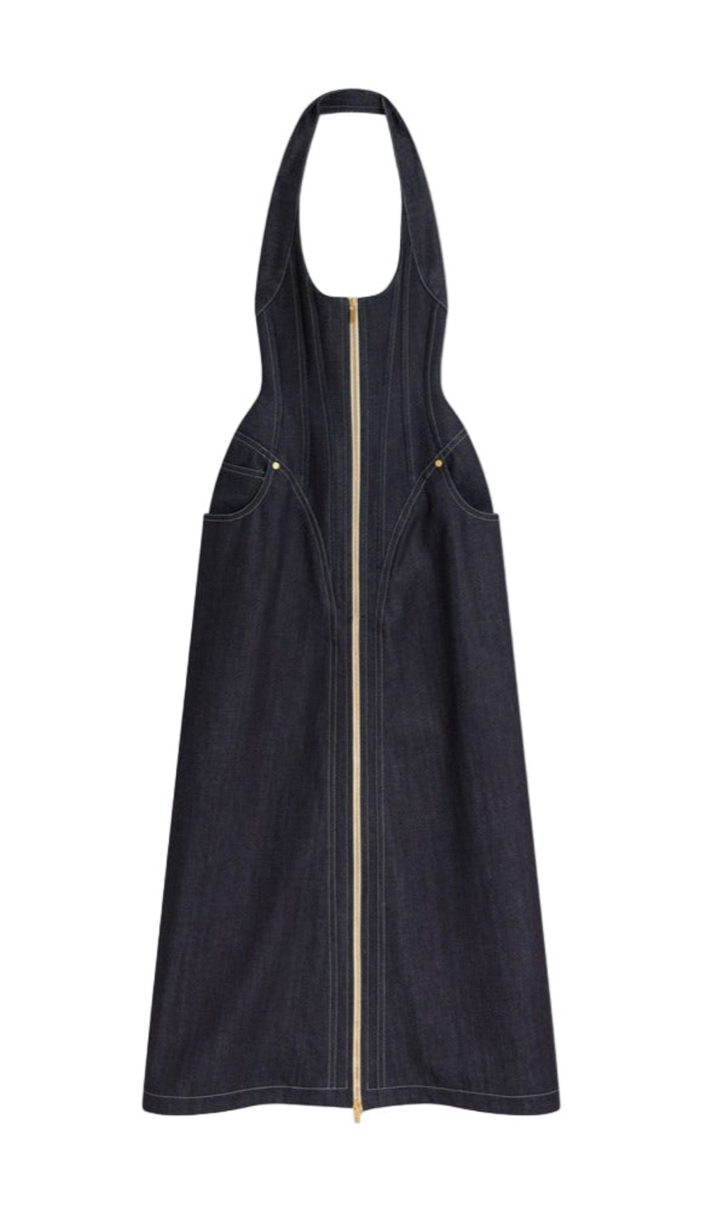 HALTERED CORSETED MIDI DRESS DENIM IN NAVY BLUE