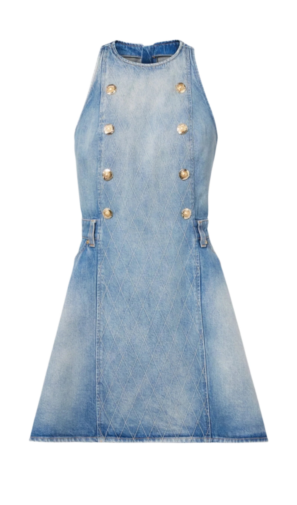 DENIM SLEEVELESS FLARED MINI DRESS