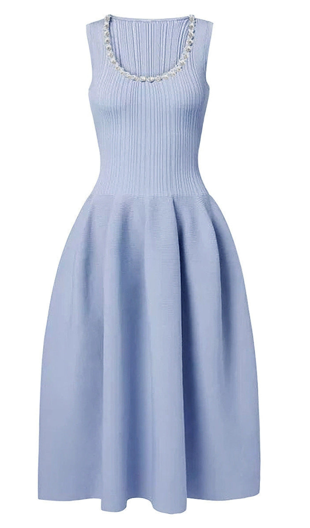 BLUE RIBBED KNIT DIAMANTE MIDI DRESS