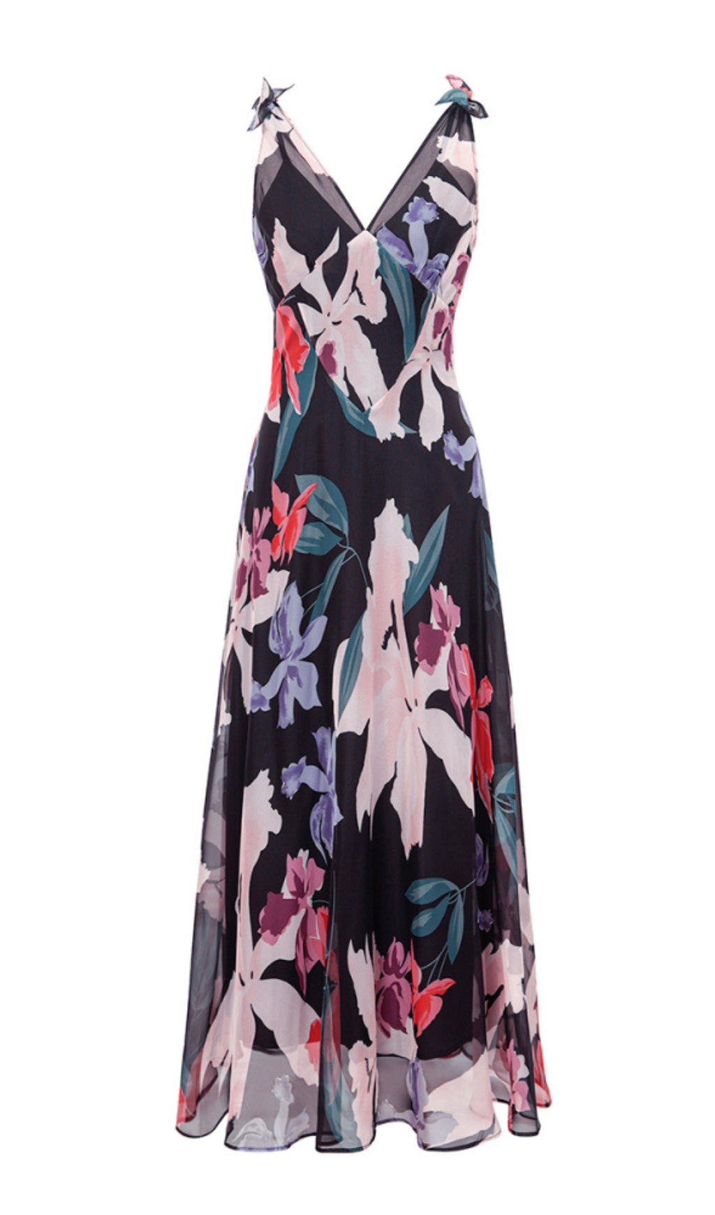 ELEGANT FLORAL CHIFFON MAXI DRESS WITH BOW STRAPS