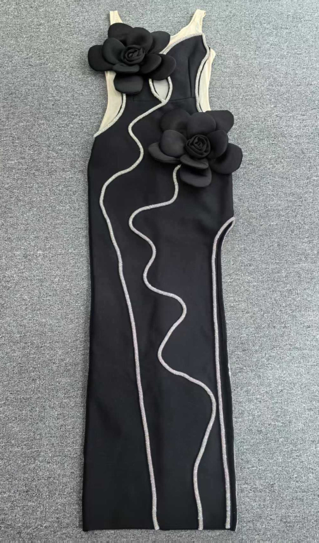 AIIZIE DIAMOND 3D FLOWER SEQUIN BANDAGE MAXI DRESS IN BLACK - product image