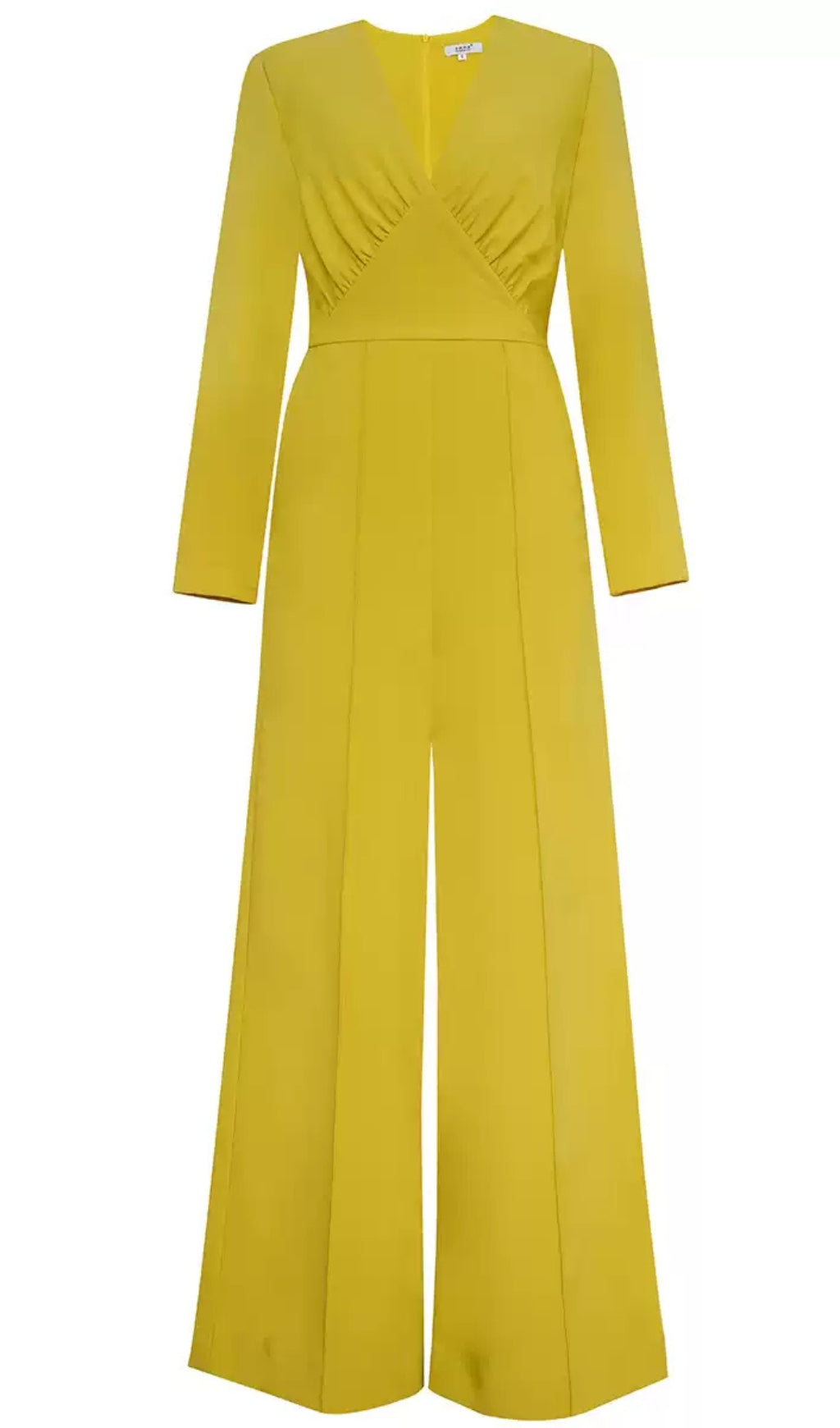 Gelber Jumpsuit mit V-Ausschnitt, langen Ärmeln und weitem Bein