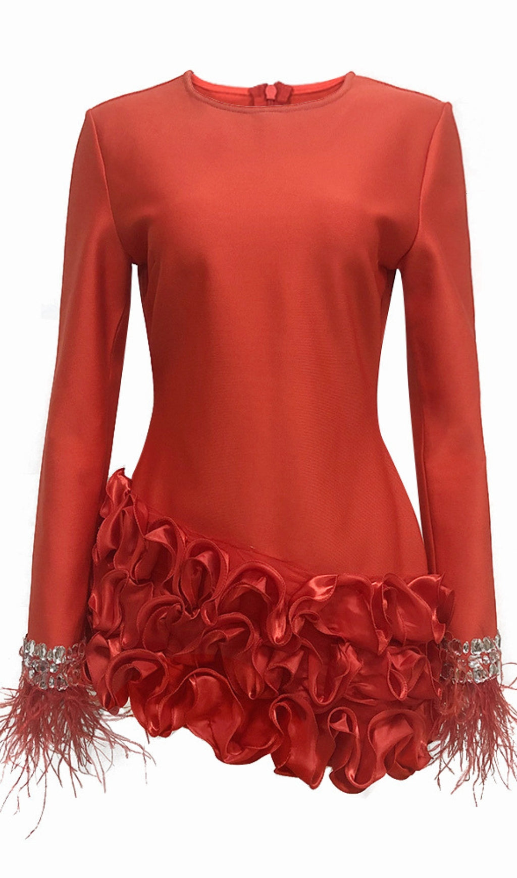 RHINESTONE - FEATHER RUFFLE - HEM LONG - SLEEVE MINI DRESS IN RED