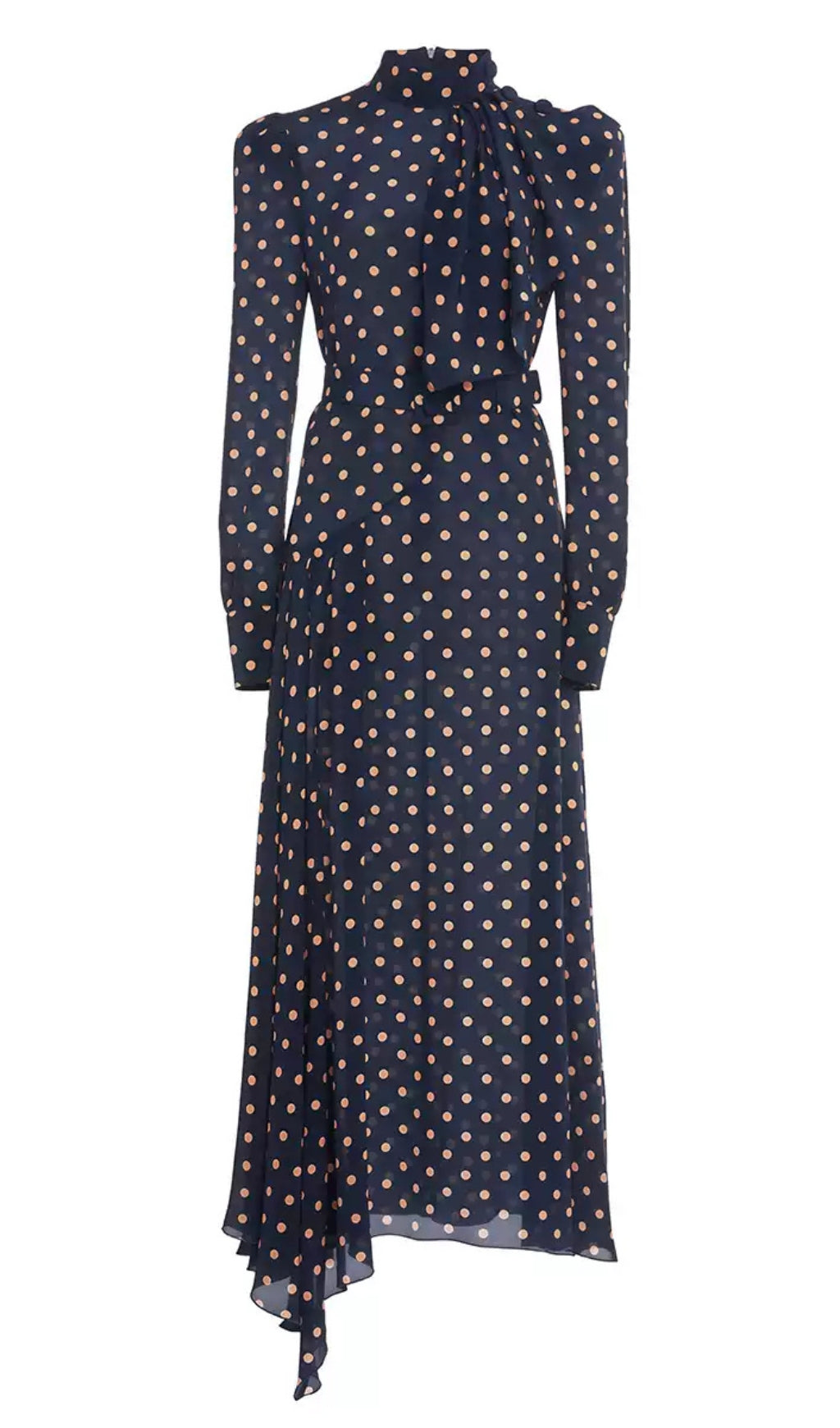 ELEGANT POLKA DOT MIDI DRESS WITH TIE NECKLINE AND BELT