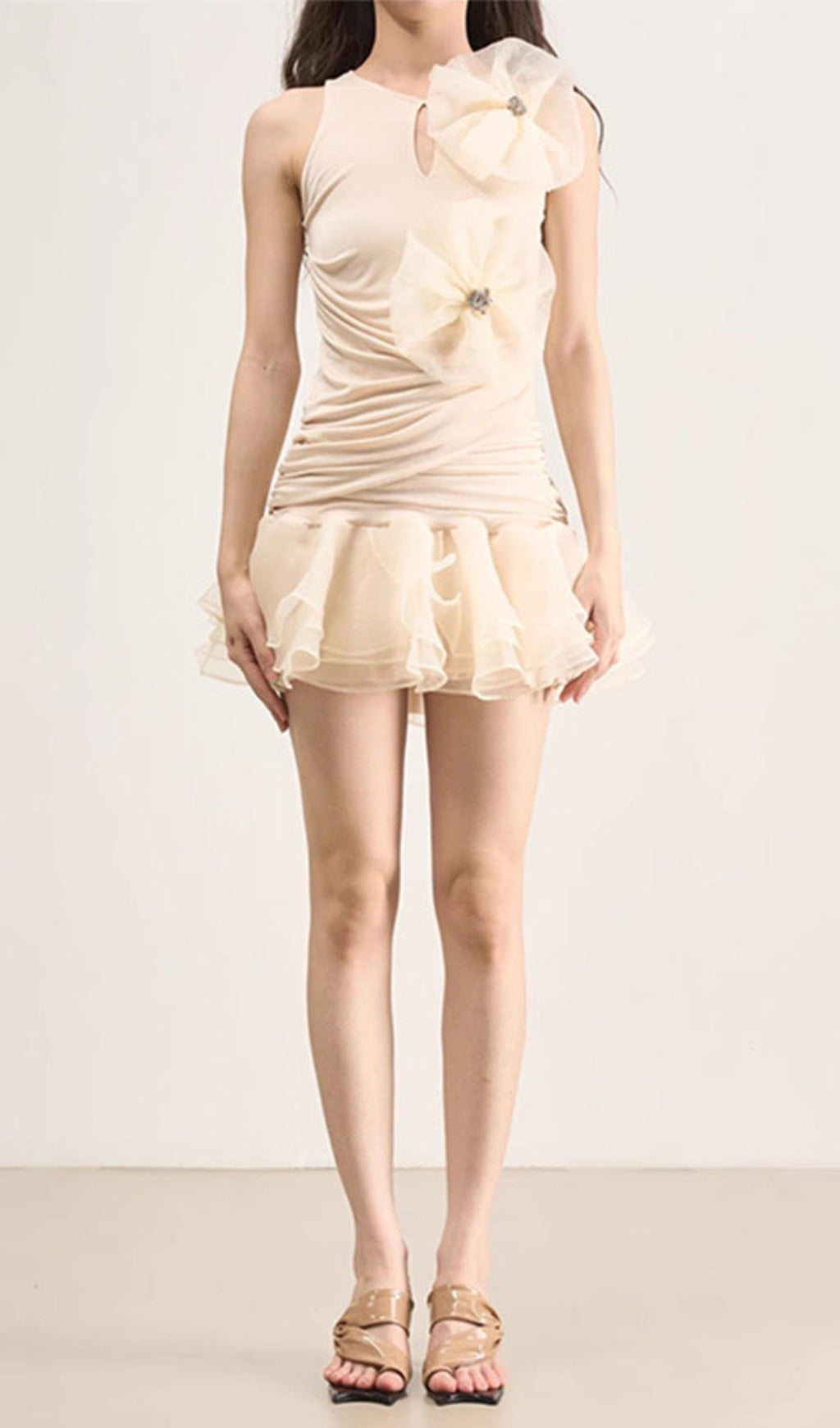 ROUND NECK SLEEVELESS RUFFLED MINI DRESS