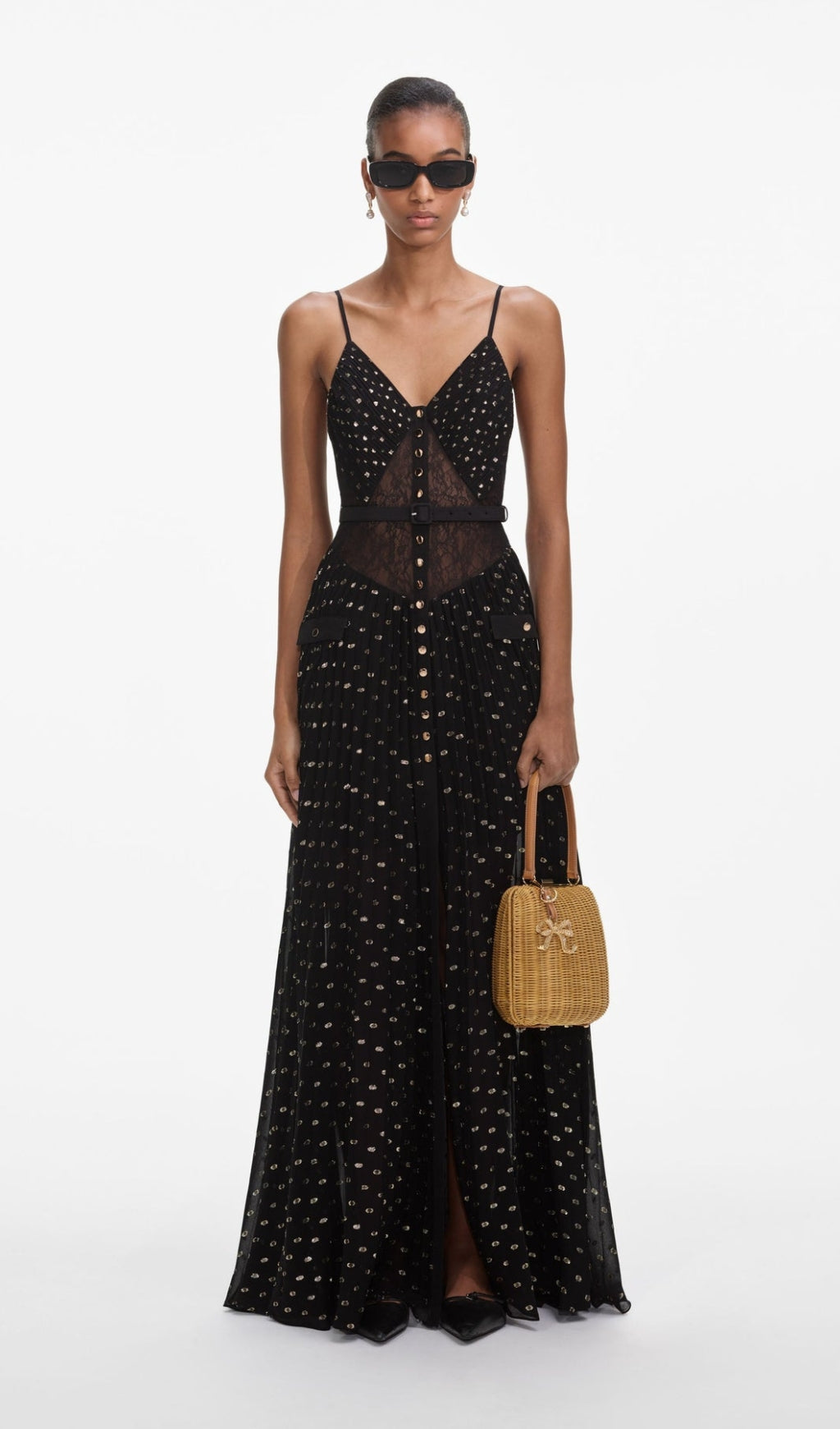 Plissiertes Maxikleid mit Spitzenpunkten und Gürtel