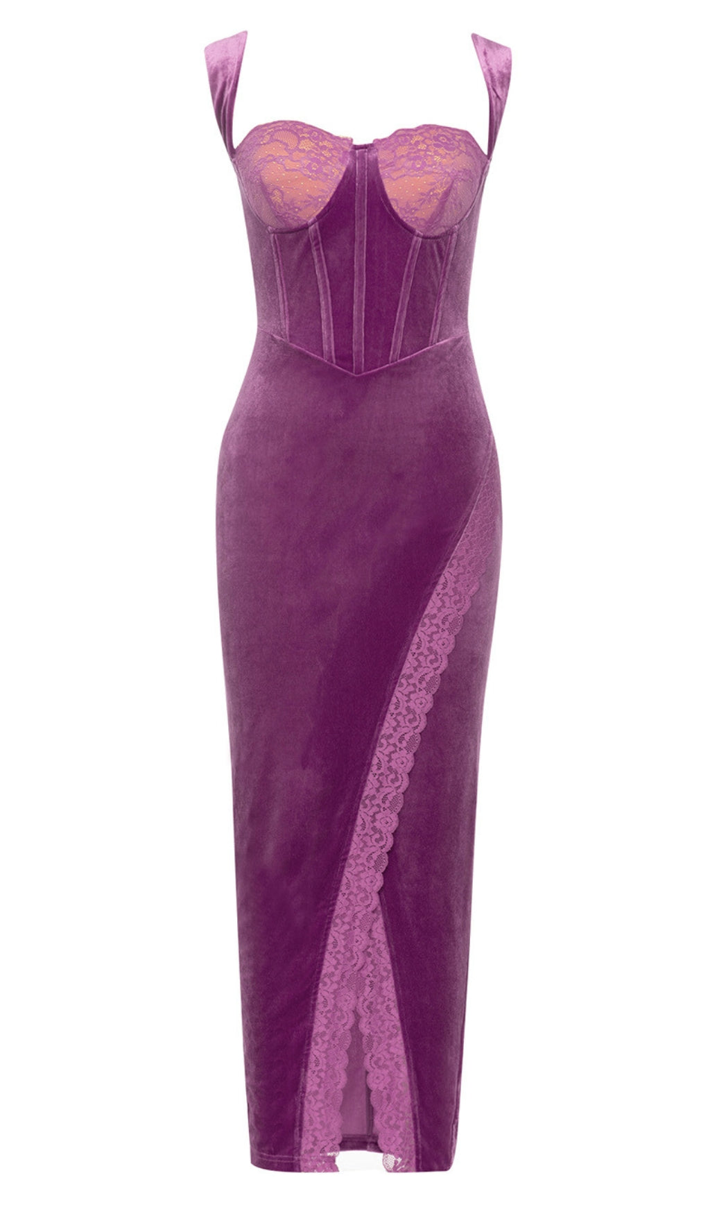ABITO MIDI CON CORSETTO RIFINITO IN PIZZO DI VELLUTO VIOLA