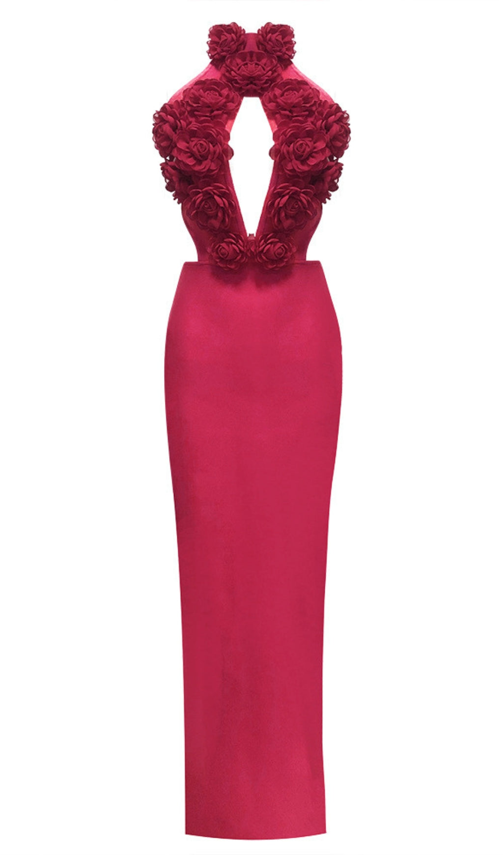 FUCHSIA HALTER NECK BANDAGE MAXI DRESS