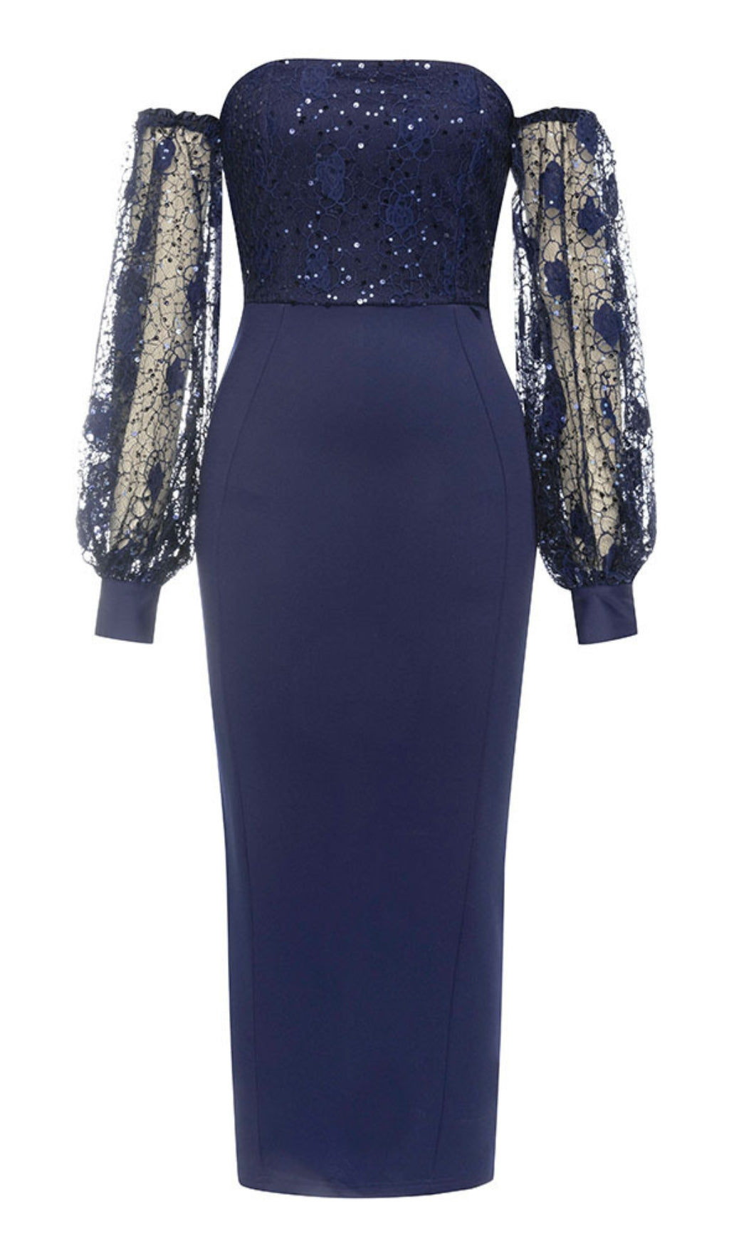 OFF - SHOULDER LACE - SLEEVE MIDI DRESS IN NAVY BLUE