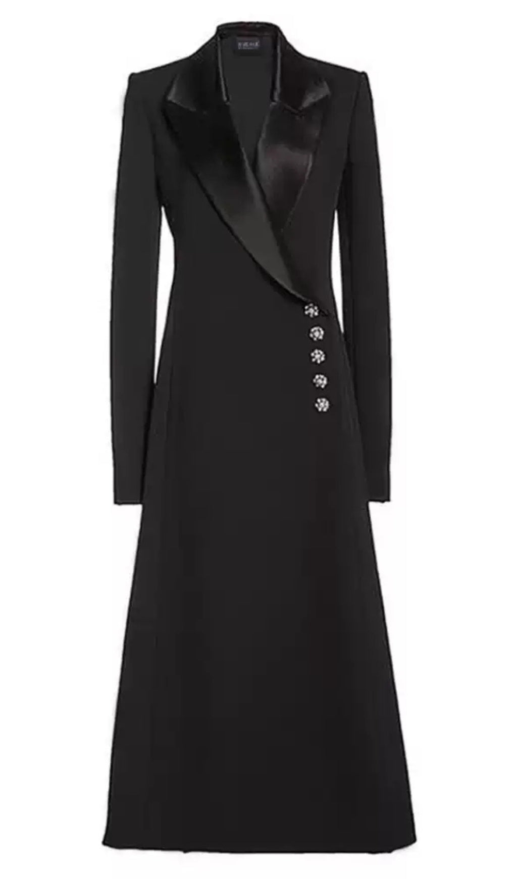 Schwarzer Langarm-Maximantel mit Satin-Revers und Strass-Knöpfen