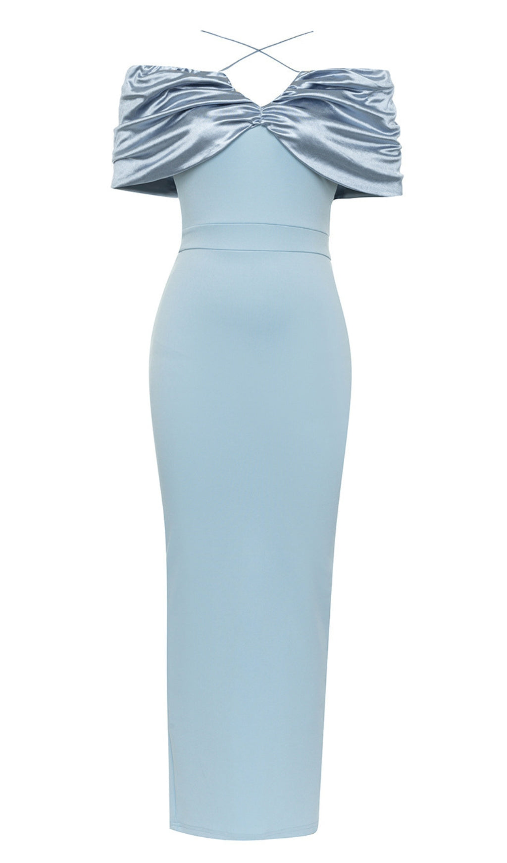 BLAUES MIDIKLEID MIT SCHLEIFE UND OFFENEM SCHULTER