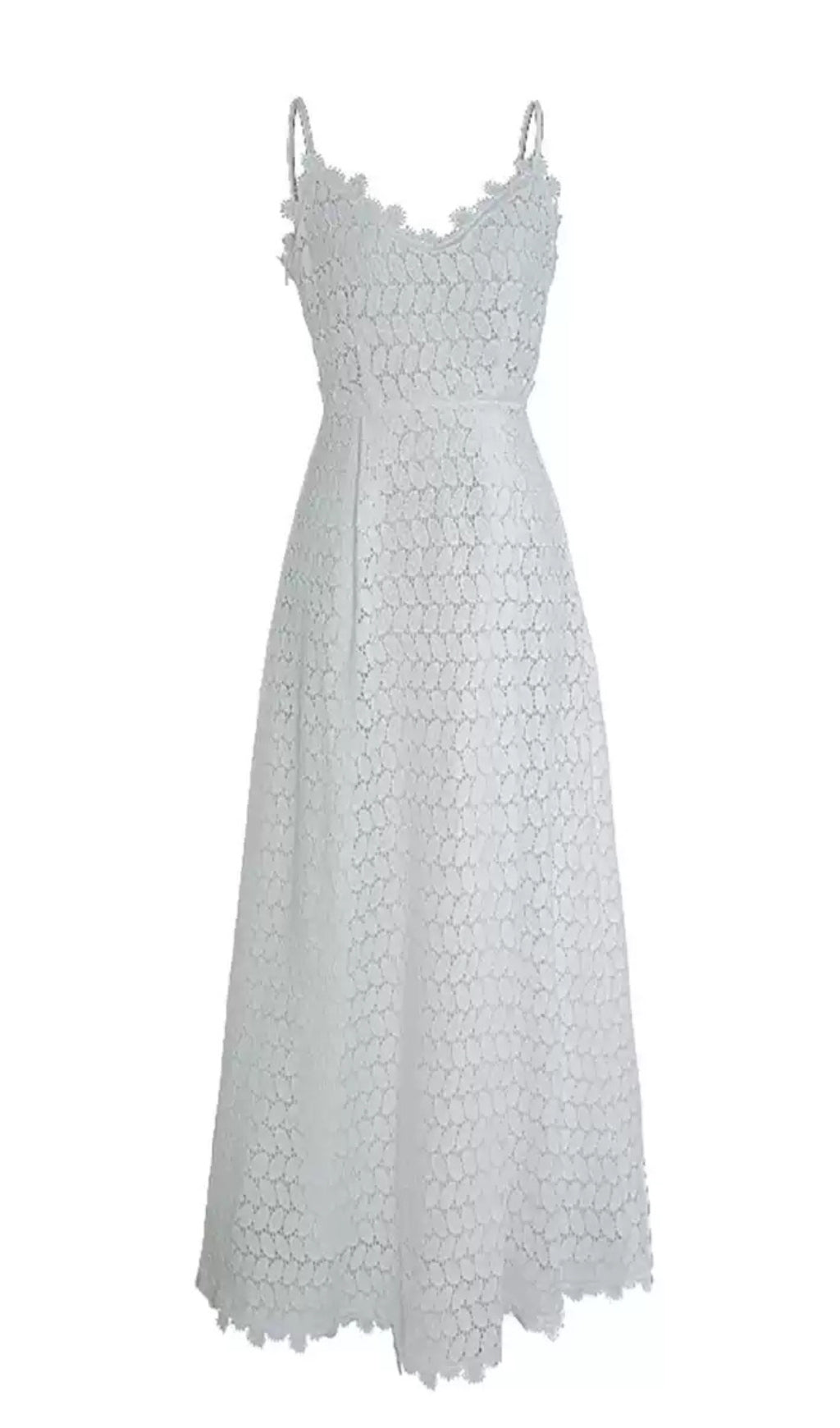 Weißes Maxikleid mit Spaghettiträgern aus Spitze