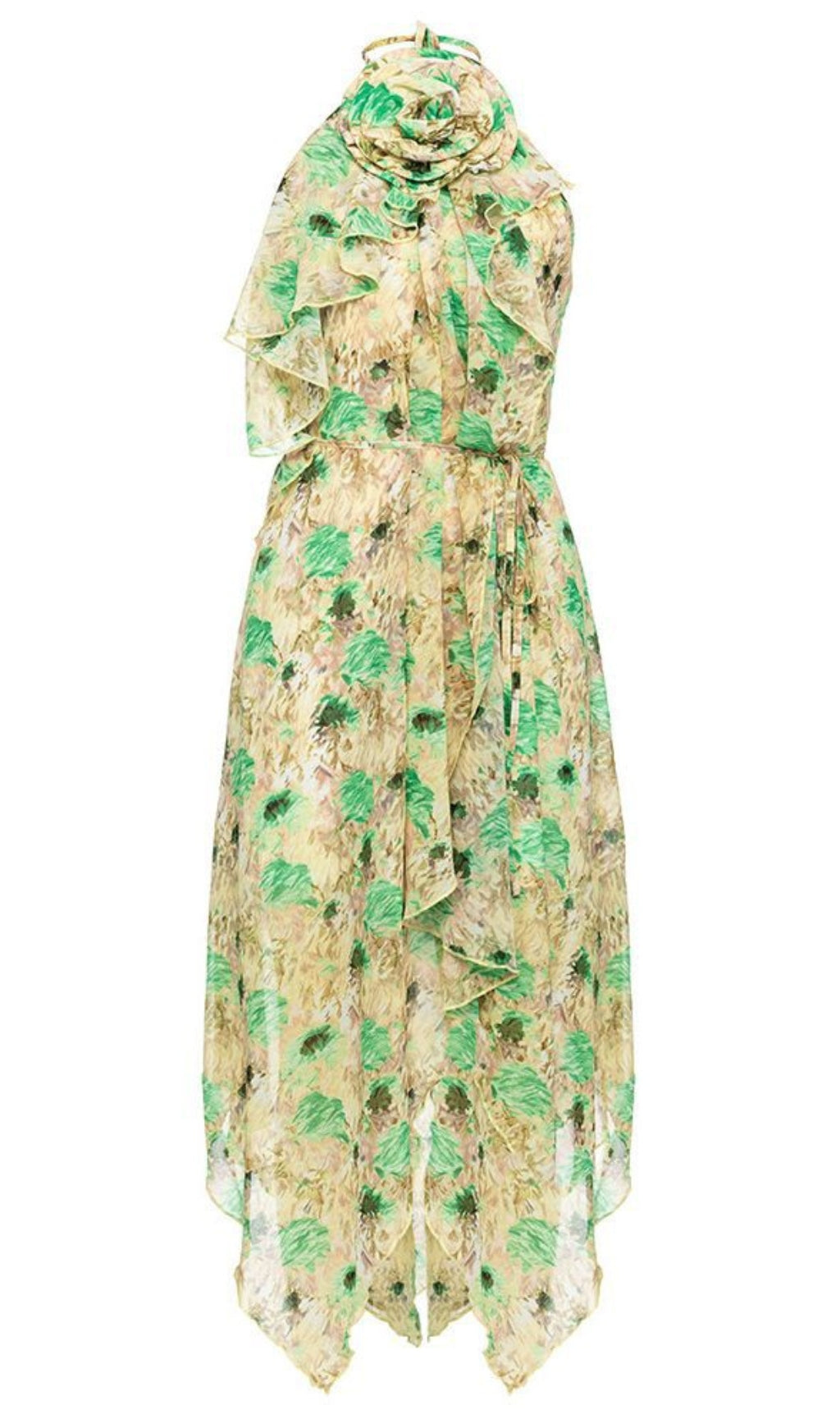 ABITO MIDI ASIMMETRICO CON SCOLLO ALL'AMERICANO E VOLANT IN CHIFFON FLOREALE