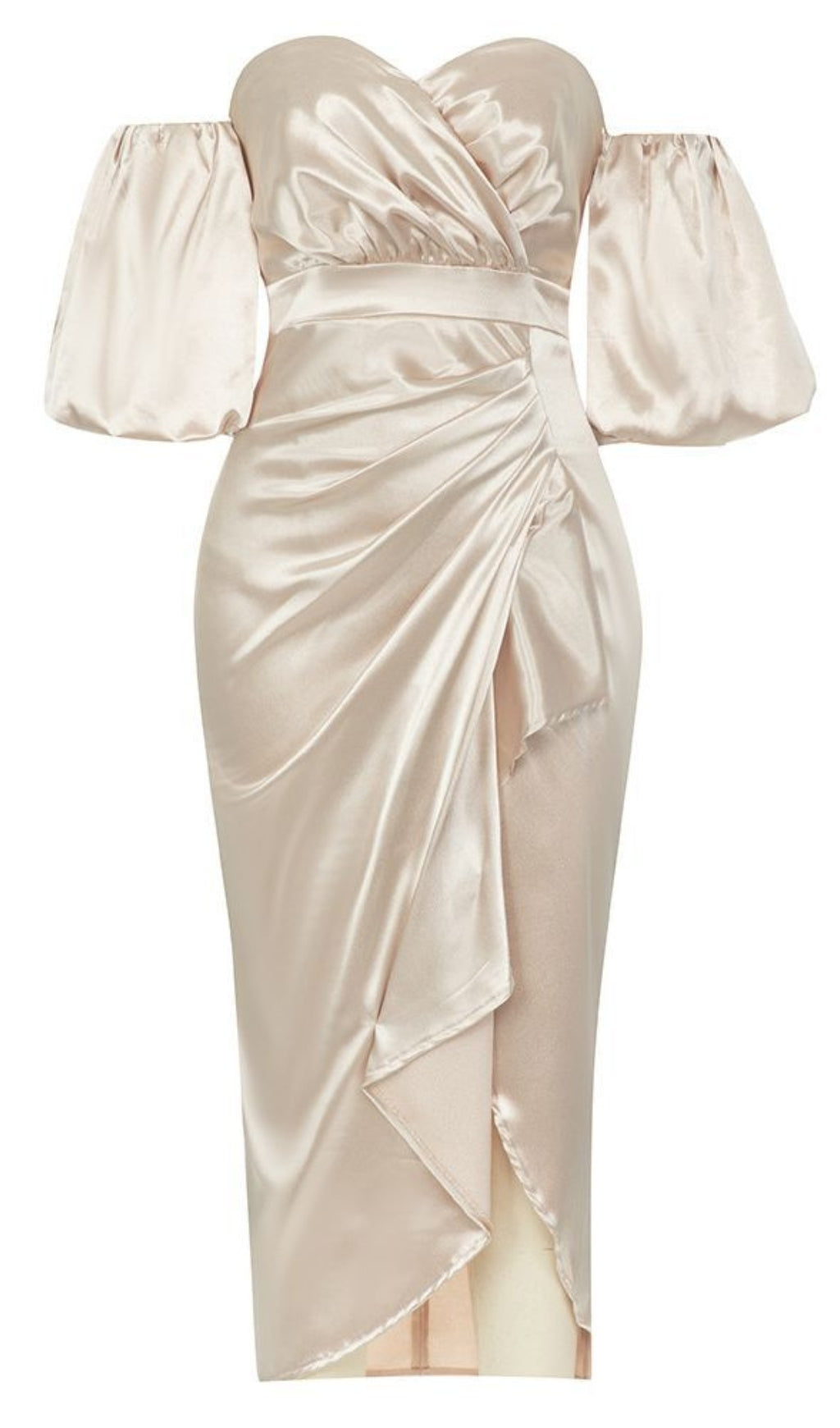 SATIN OFF - SHOULDER PUFF - SLEEVE MIDI DRESS IN CHAMPAGNE