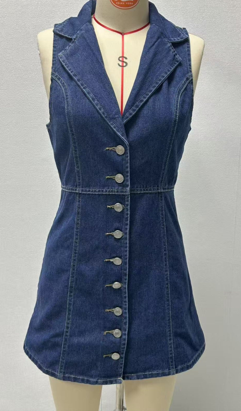 EARTHA COLLARED DENIM MINI DRESS - DARK BLUE