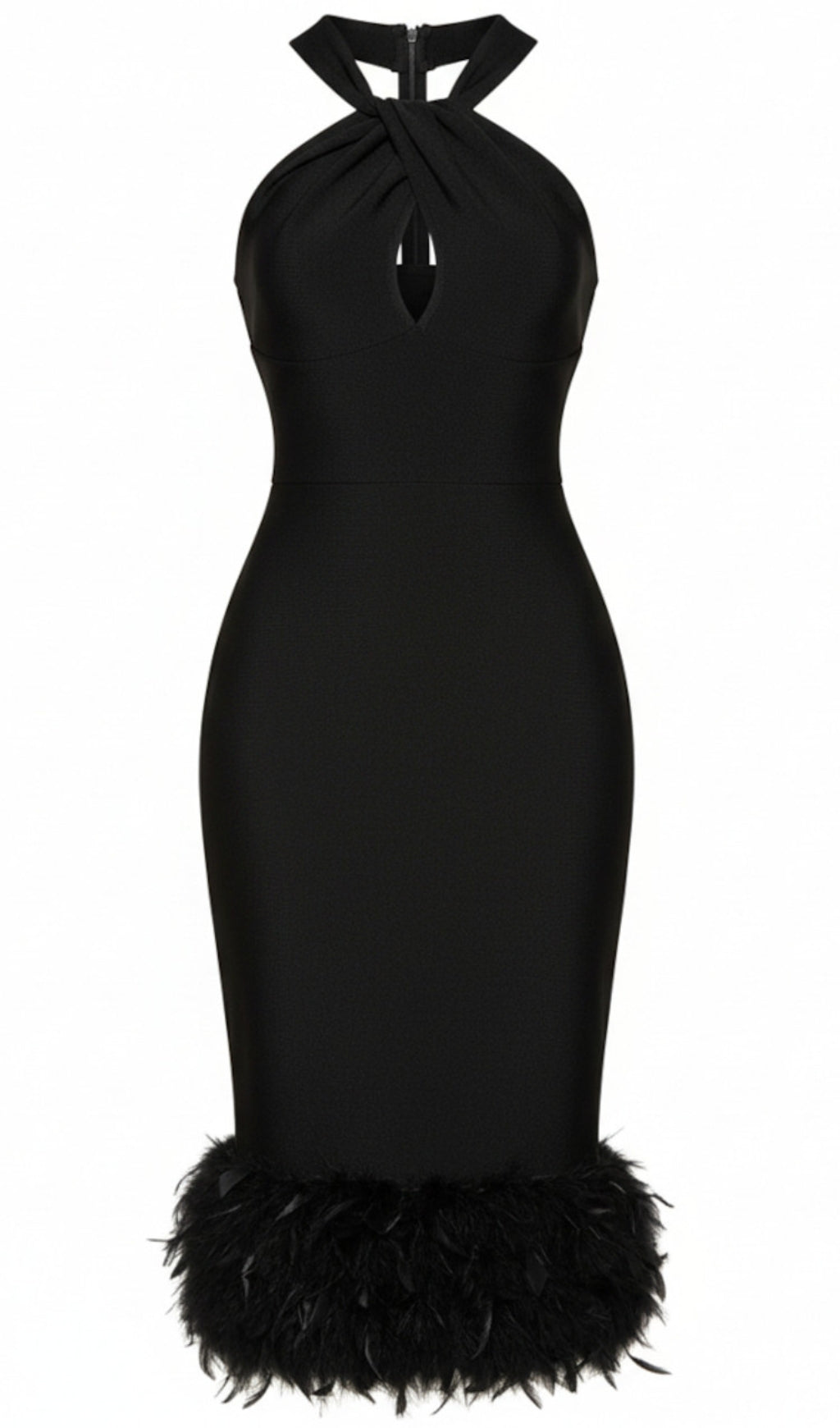 JENNY BLACK TWIST-NECK FEATHER HEM MIDI DRESS