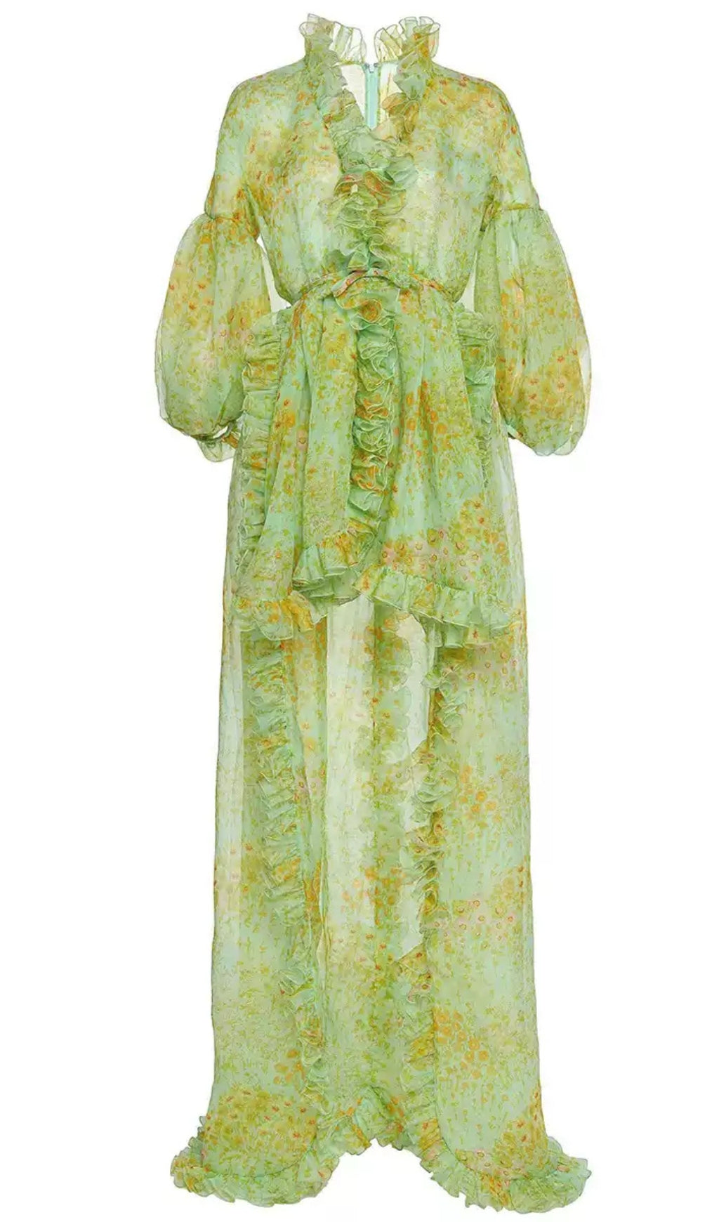 GREEN ELEGANT FLORAL CHIFFON MAXI DRESS WITH RUFFLES AND BELT