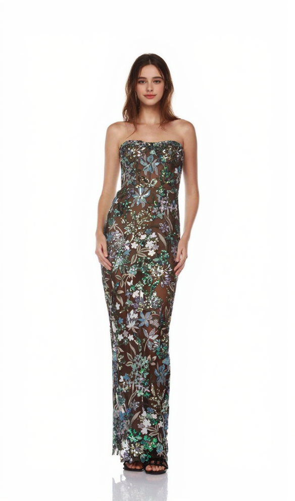 Abito lungo senza spalline con paillettes ricamate a forma di dalia verde