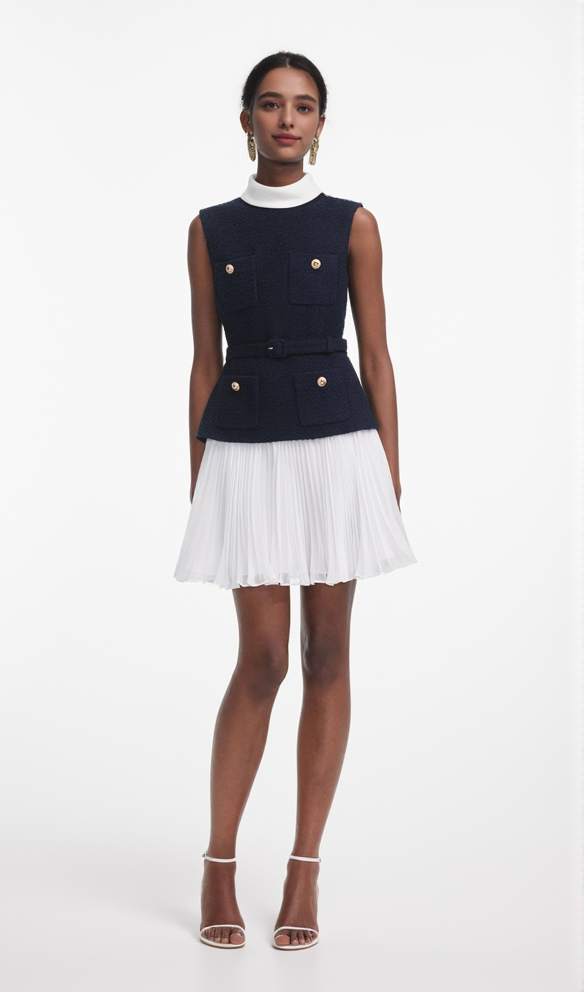 NAVY BOUCLE AND CHIFFON MINI DRESS
