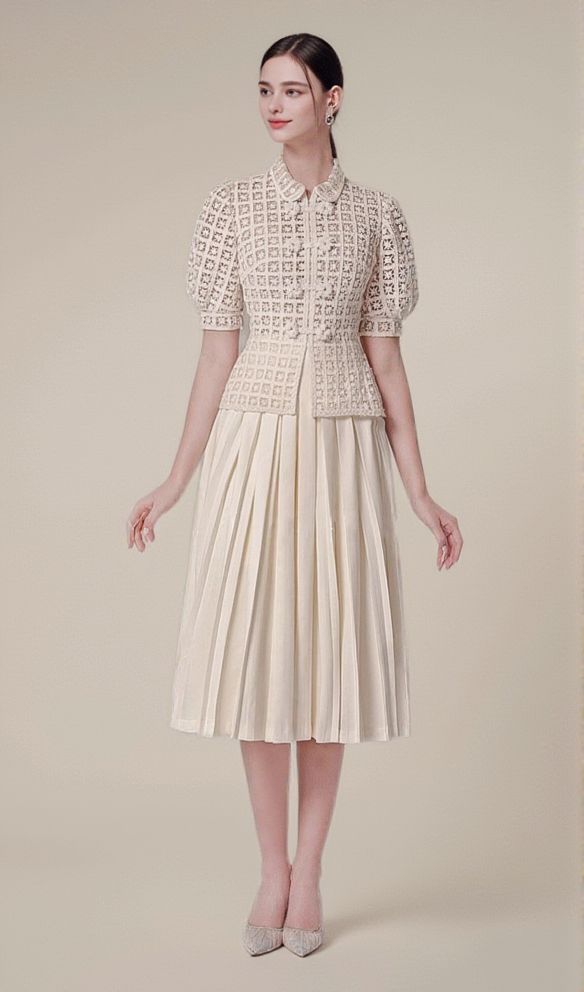 DOUBLE BREASTED LANTERN SLEEVE LACE TOP PLEATED SKIRT SET IN APRICOT