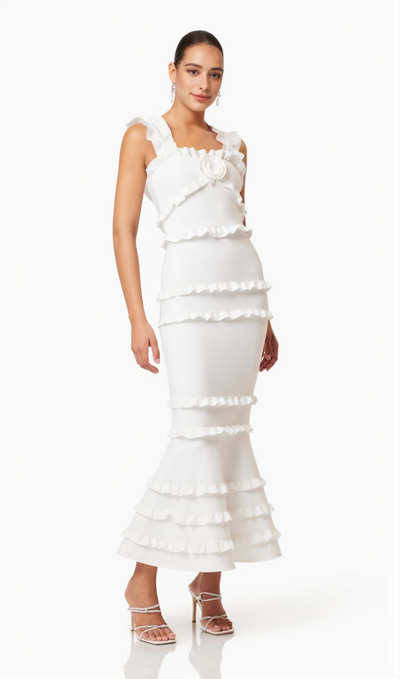 ABITO LUNGO CON VOLANT JOSEPHINE IN BIANCO
