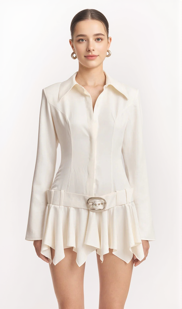 DINAH UMBRELLA TAIL HEM SHIRT MINI DRESS IN WHITE