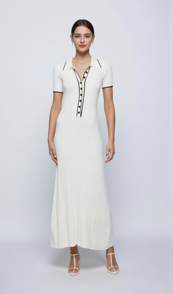 SIMPLE WHITE LAPEL HALF-BUTTON KNITTED MAXI DRESS