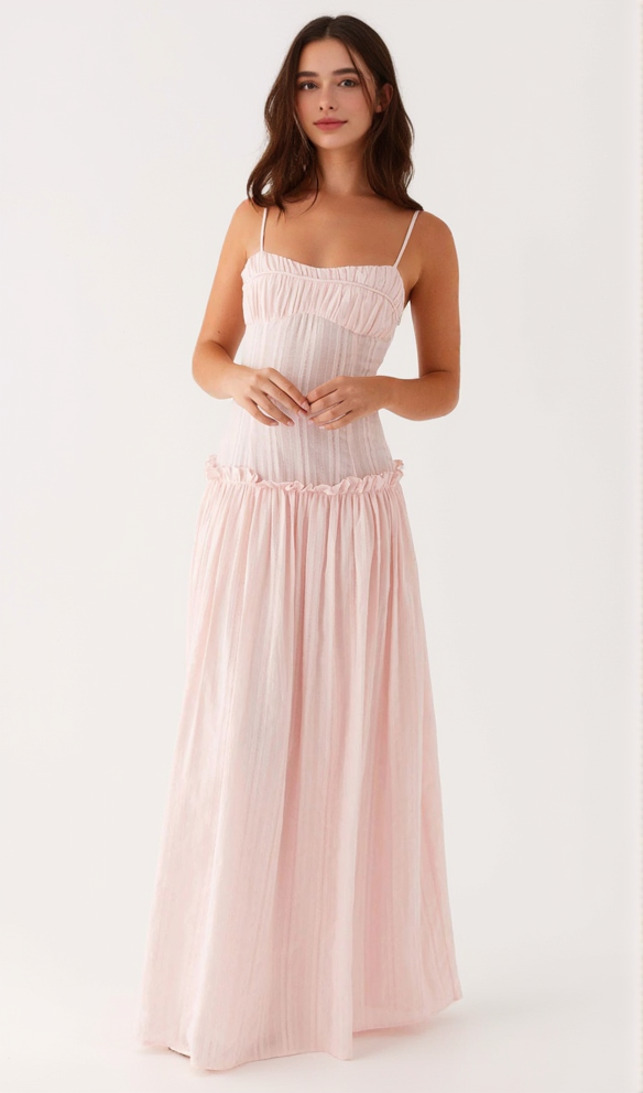 PLEATED BELT CHIFFON STRAPLESS MAXI DRESS IN PALE PINK