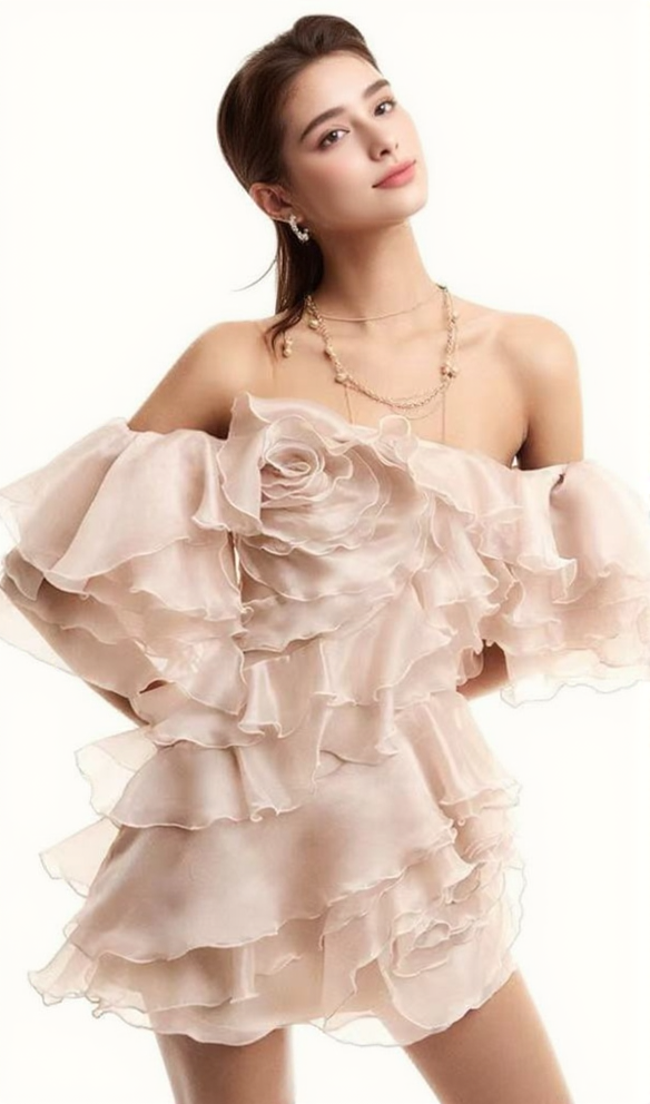 DELIA RUFFLE EMBELLISHED MINI DRESS IN BEIGE