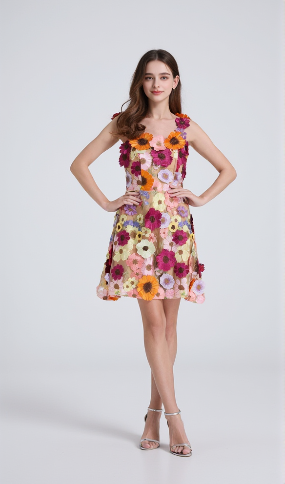 GEORGIA 3D FLORAL LACE MINI DRESS IN APRICOT