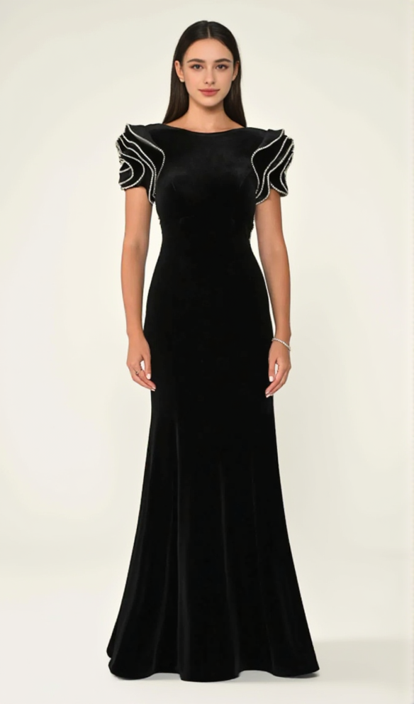 JESSIE RUFFLE SLEEVES OPEN BACK MAXI DRESS IN BLACK