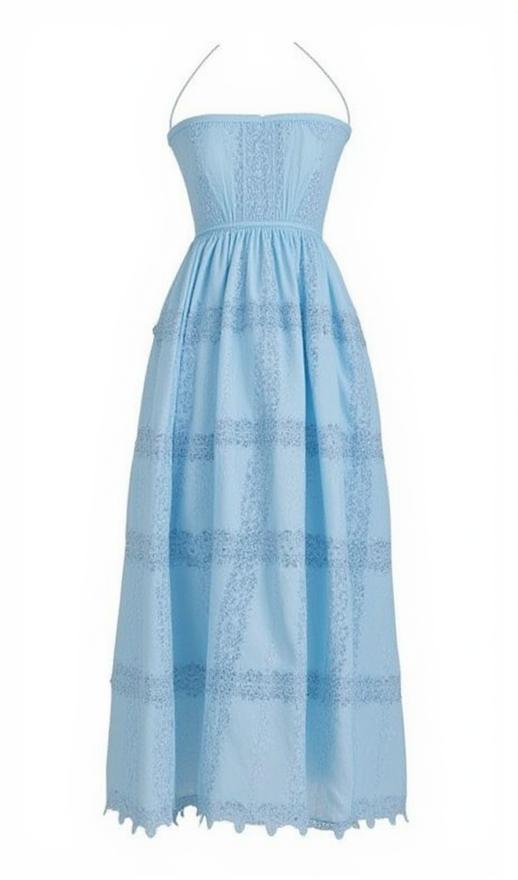 ABITO LUNGO IN PATCHWORK DI PIZZO ELASTICO CON SCOLLO ALL'AMERICANA, BLU