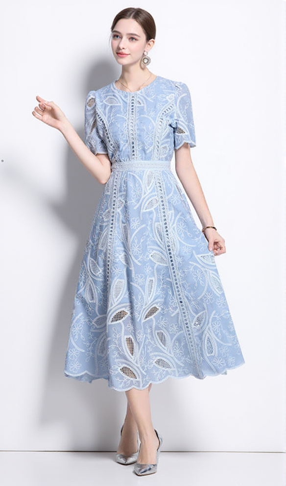 DANA HOLLOW EMBROIDERY LACE MIDI DRESS IN BLUE