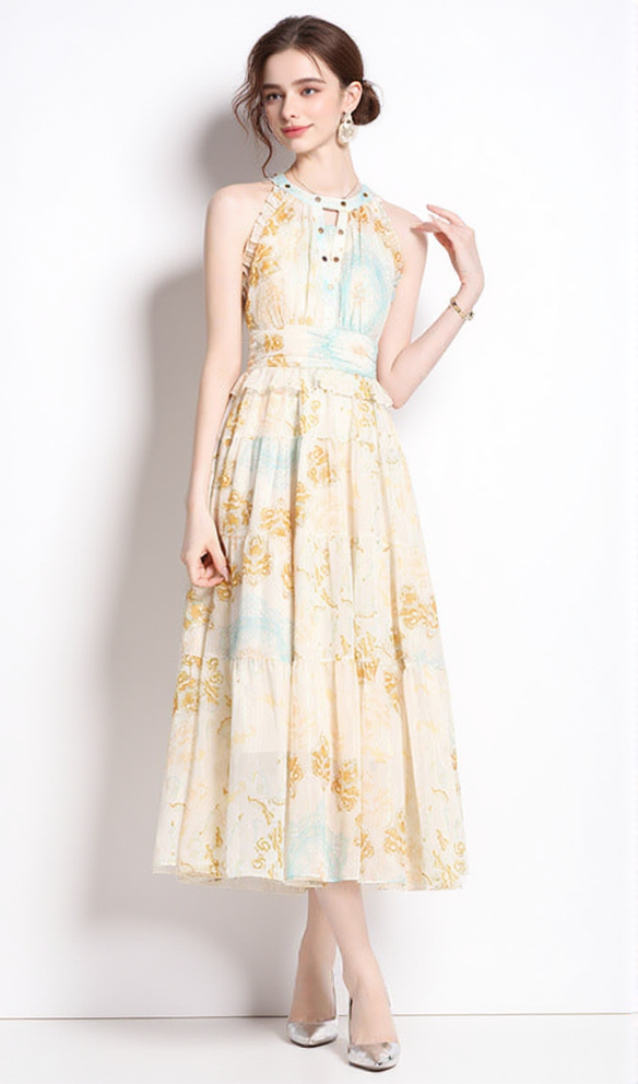 ELVIRA PRINT SLEEVELESS HALTERNECK MIDI DRESS IN YELLOW