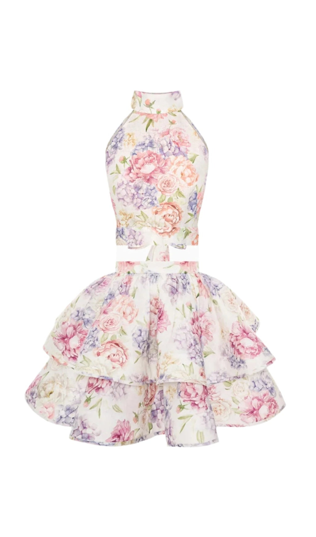 JESSICA PRINTED BACKLESS HALTER TOP SKIRT SET IN PINK