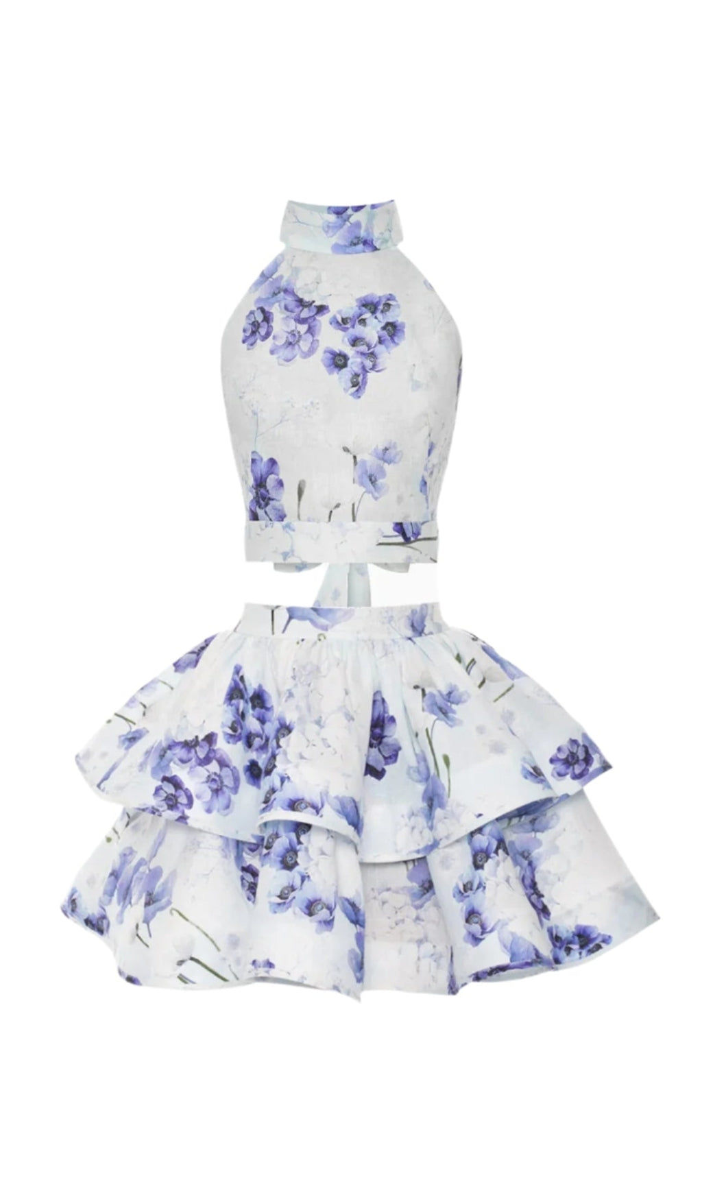 JESSICA PRINTED BACKLESS HALTER TOP SKIRT SET IN BLUE