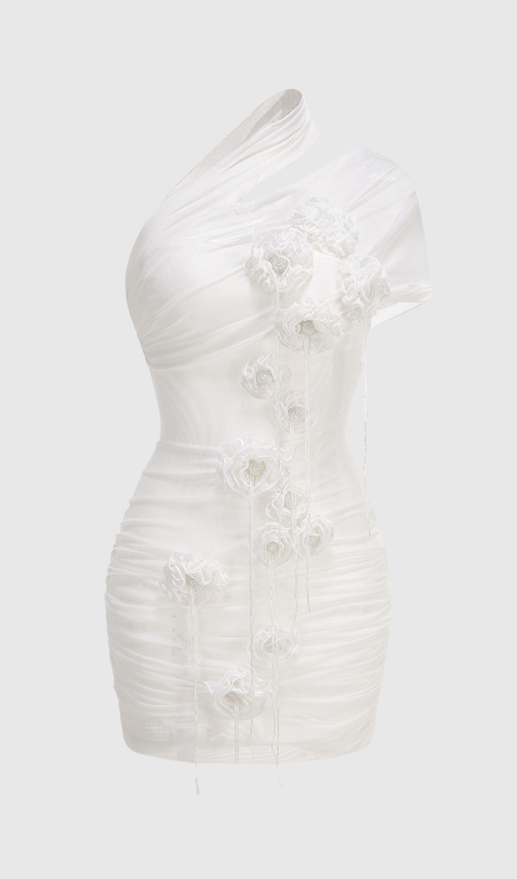 Hazel – Weißes Minikleid mit One-Shoulder-Träger und Blumenmuster