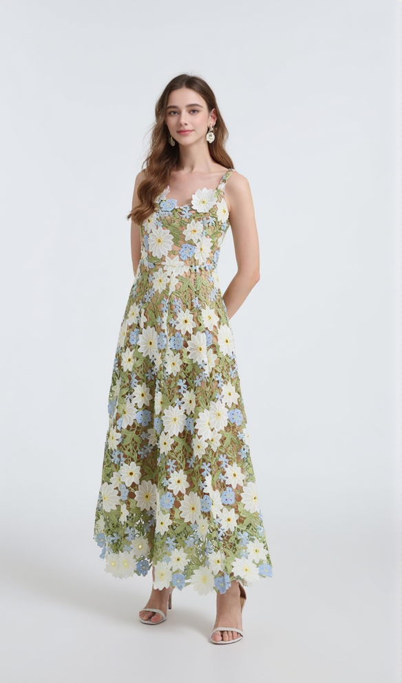 CELESTE FLORAL HOLLOW STITCHING MAXI DRESS IN GREEN