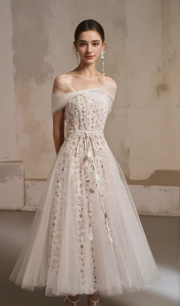 ELEGANT FAIRY CAPE DESIGN LACE LONG MIDI DRESS