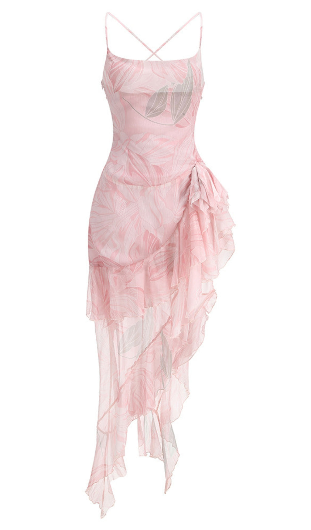 Ares – Gerüschtes Midikleid aus Seide mit Blumenmuster in Rosa