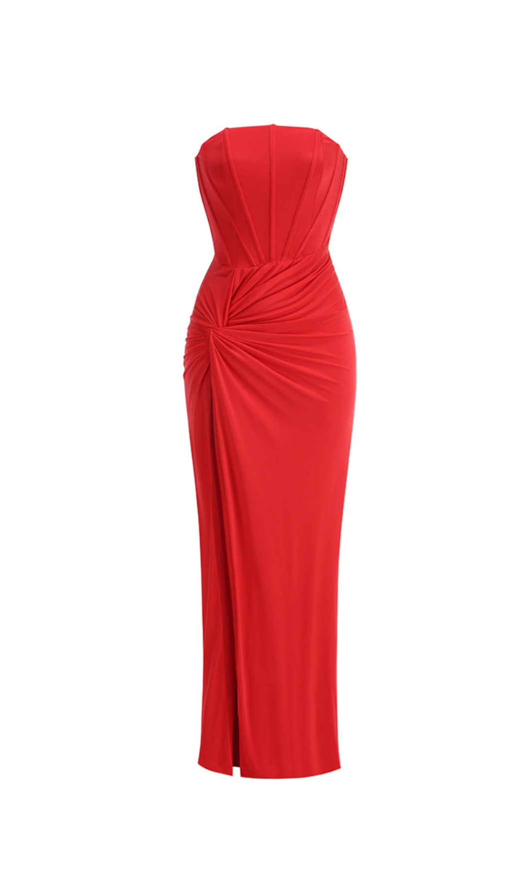 ABITO LUNGO ROSSO CON SPALLINE PLISSETTATE E SPACCO ALTO